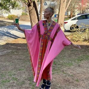 Rare Georgie Keyloun vintage caftan Mrs. Roper pink OS maxi hostess gown dress